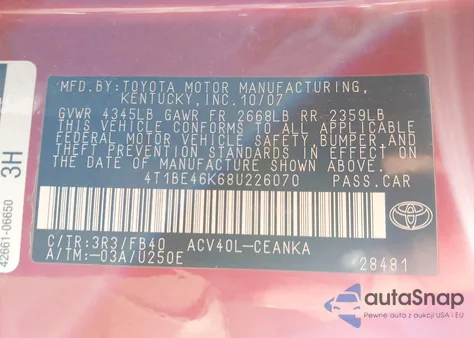 2008 Toyota Camry Le from USA, damaged, VIN 4T1BE46K68U226070